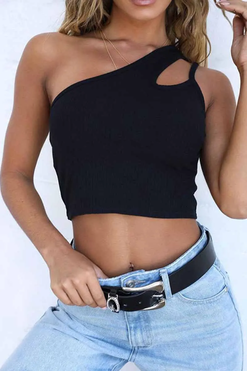 Single Shoulder Strap Hollow Tops