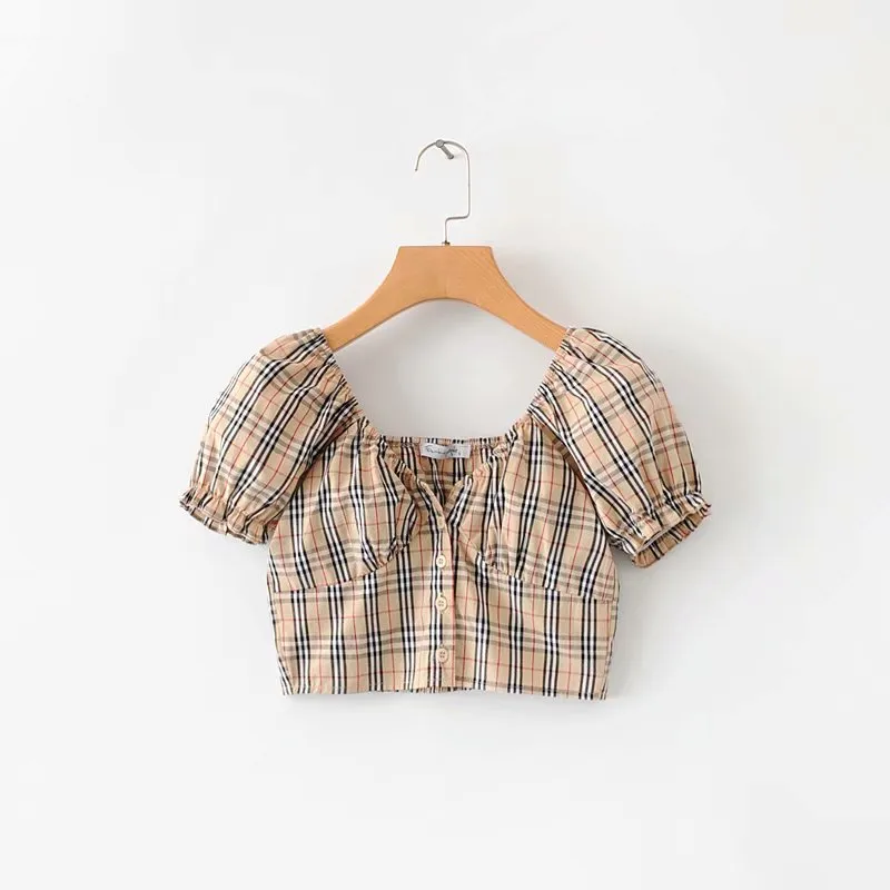 Small shirt vintage plaid bubble cuff short shirt