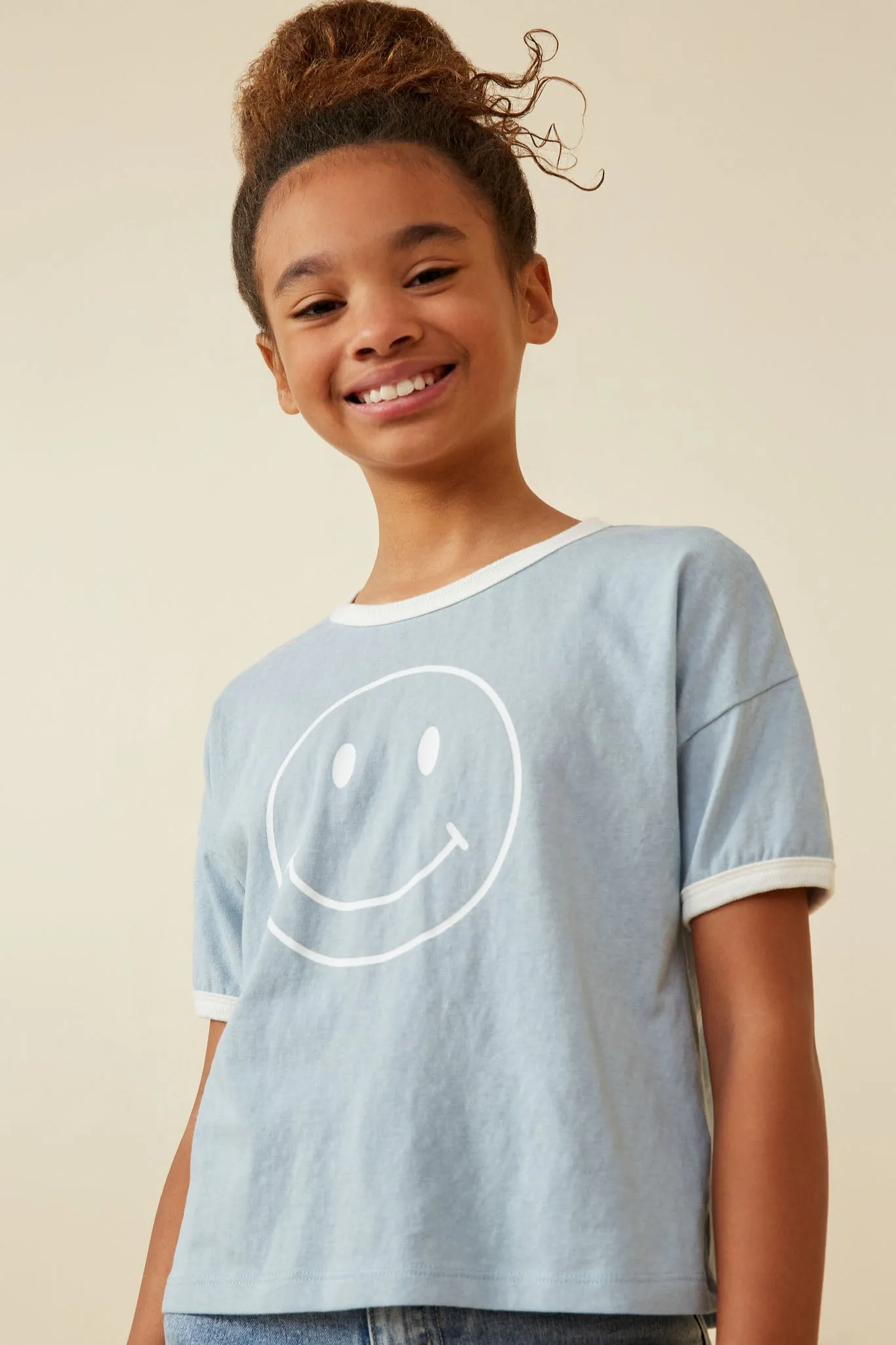 Smiley Face Print Contrast Ringer Tee