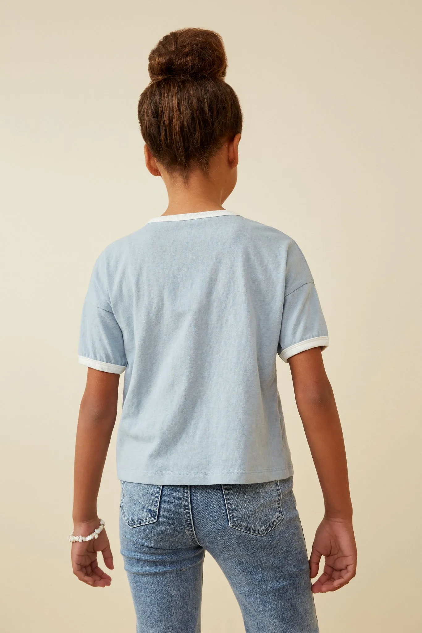 Smiley Face Print Contrast Ringer Tee