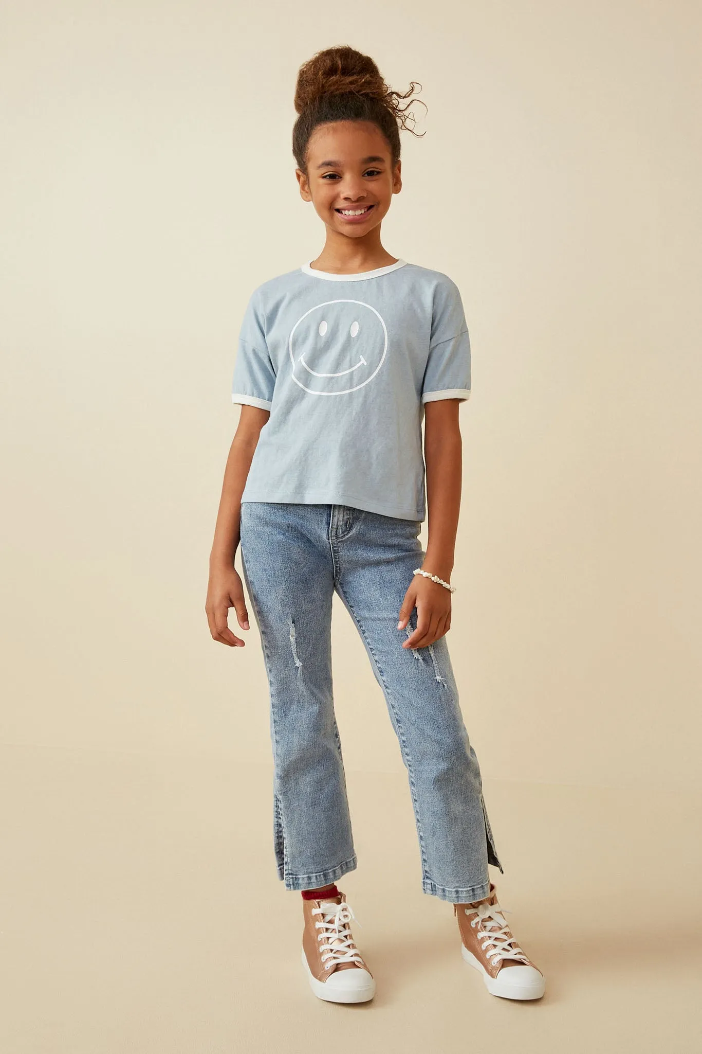 Smiley Face Print Contrast Ringer Tee