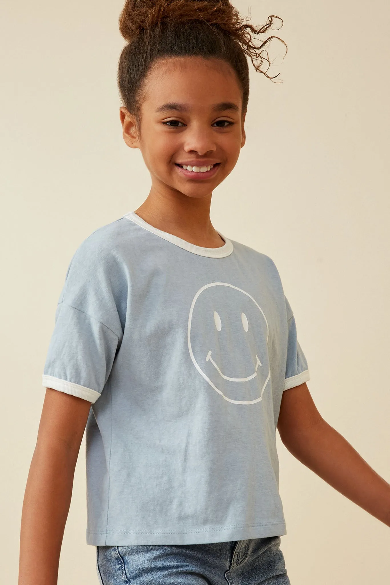 Smiley Face Print Contrast Ringer Tee