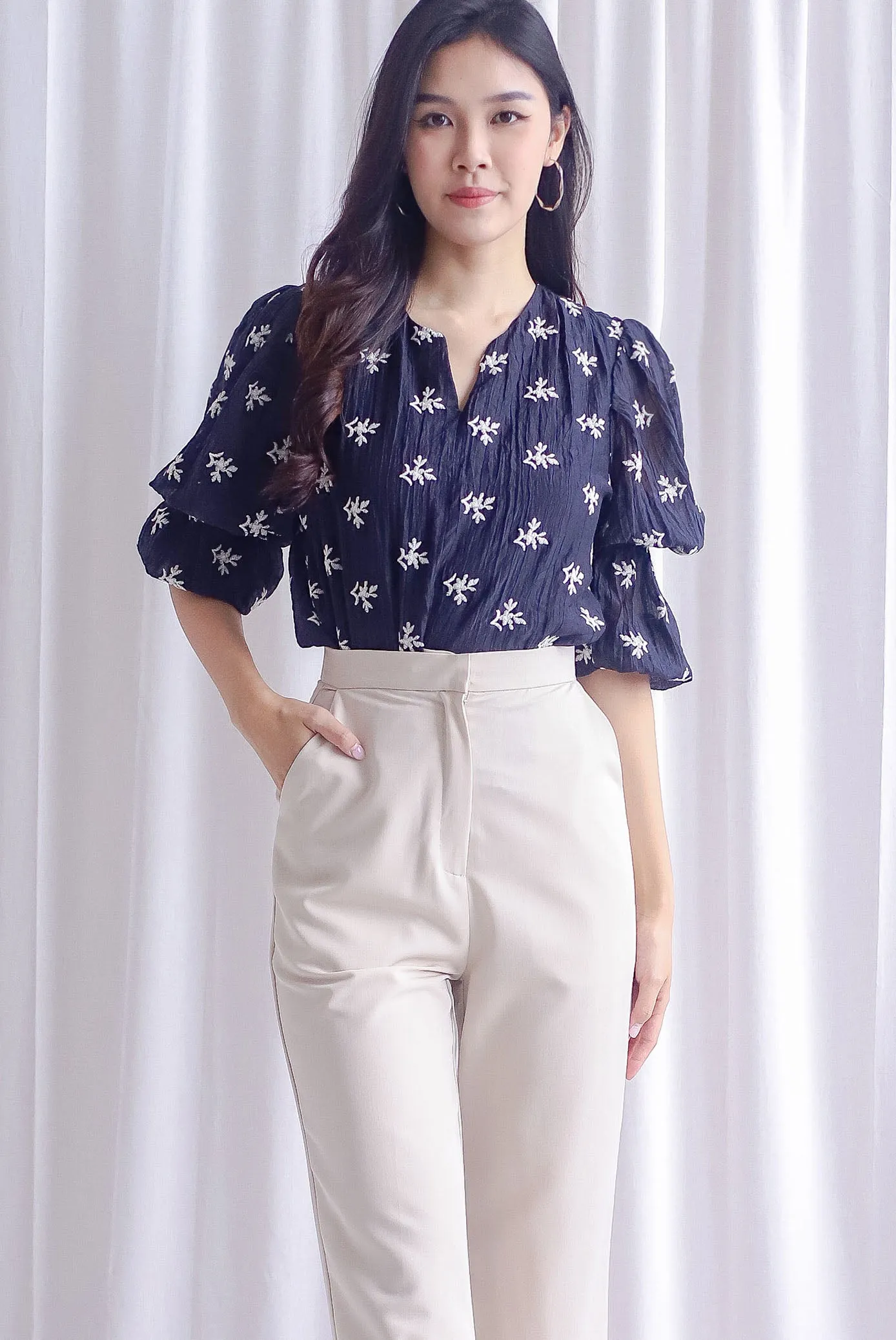TDC Lassie Tiered Puffy Sleeve Top In Black Embro