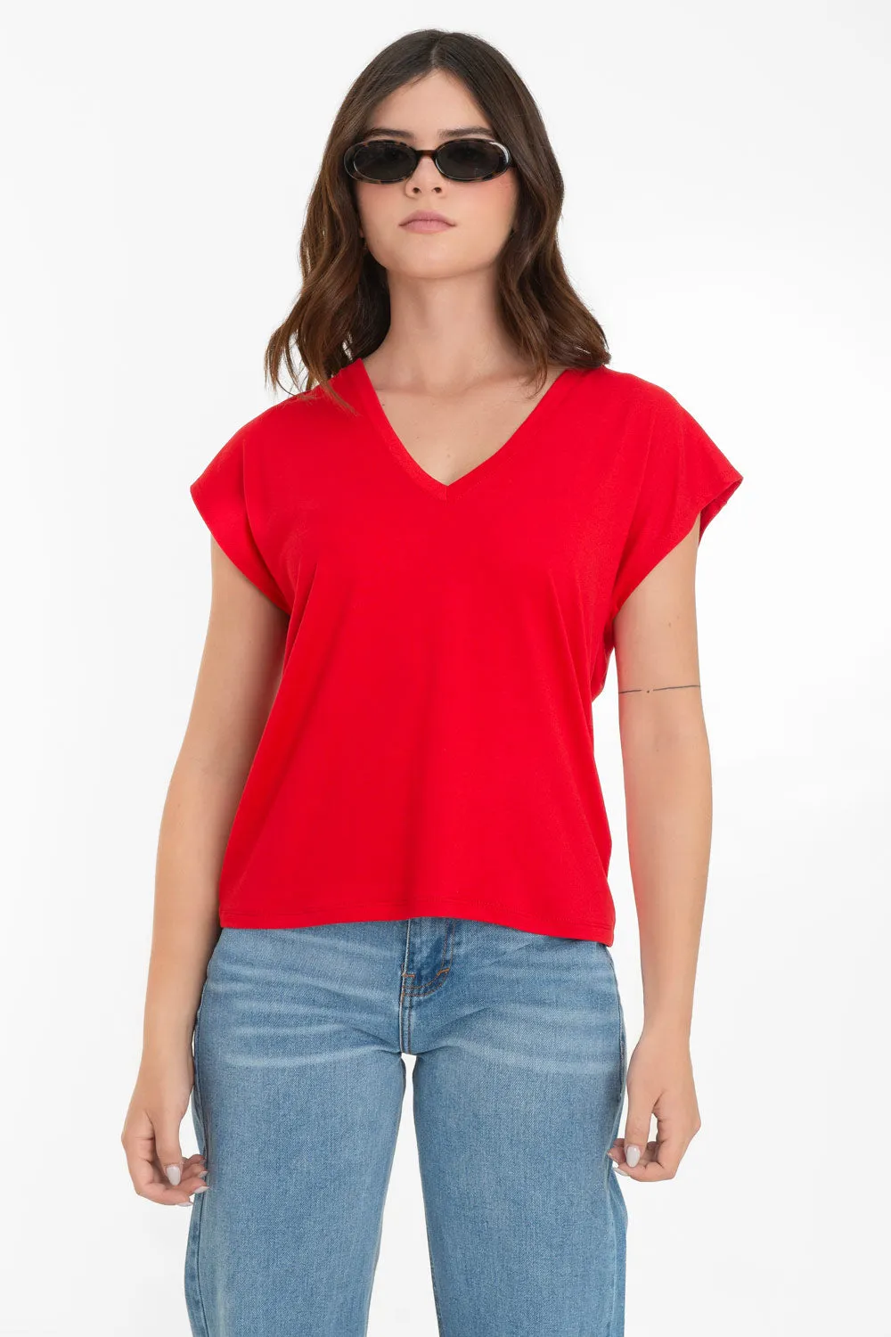 Top oversized cuello v manga corta