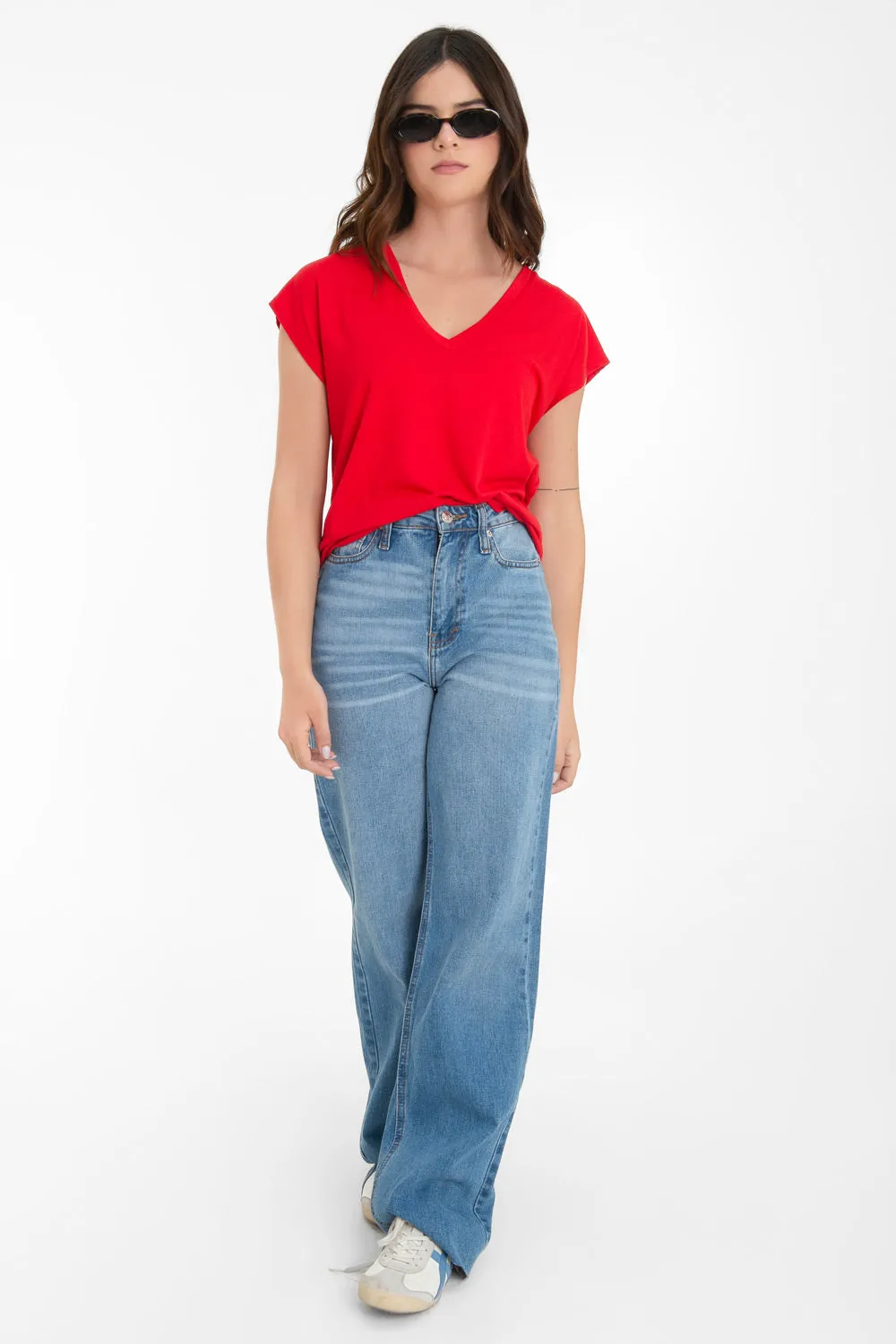 Top oversized cuello v manga corta