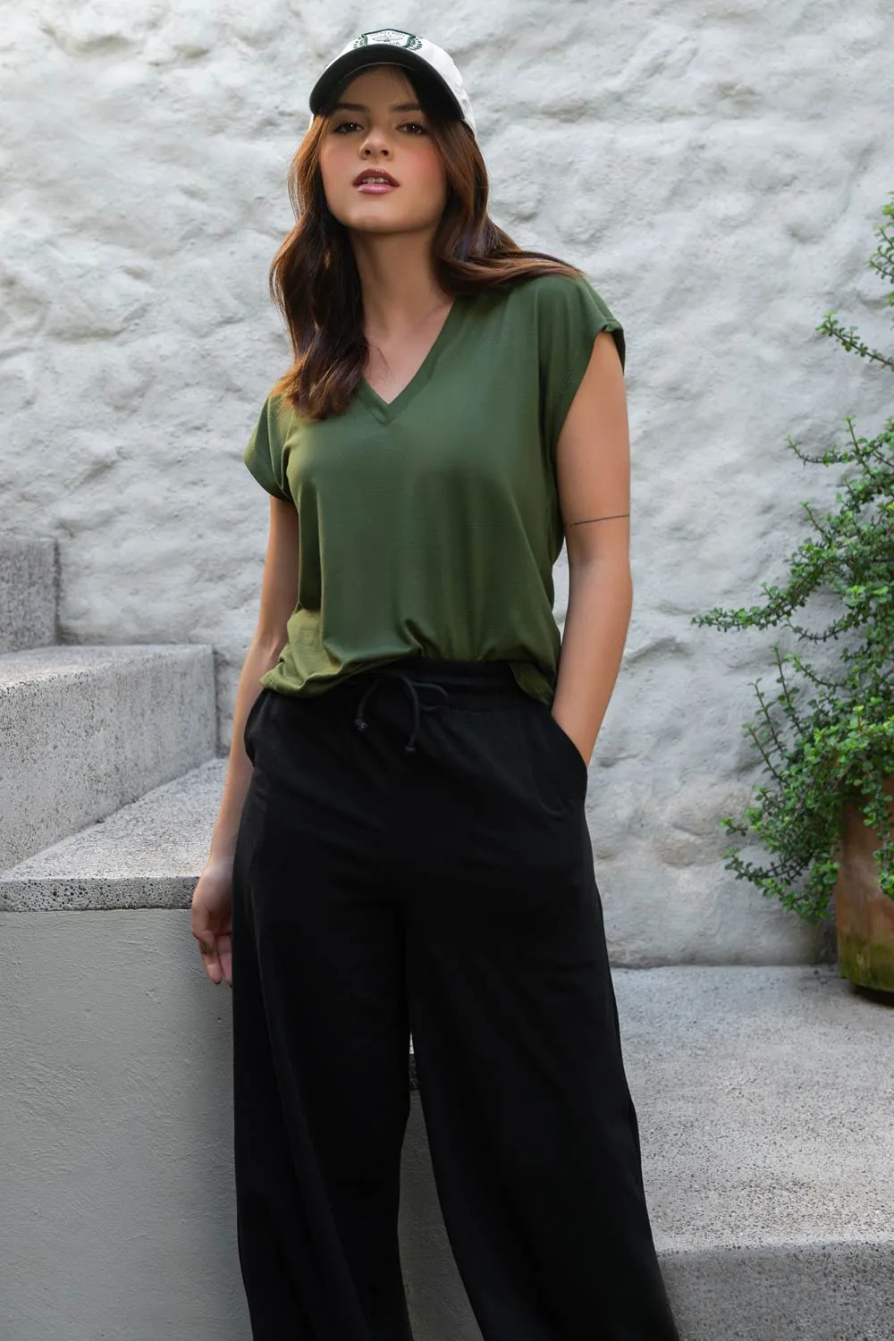 Top oversized cuello v manga corta