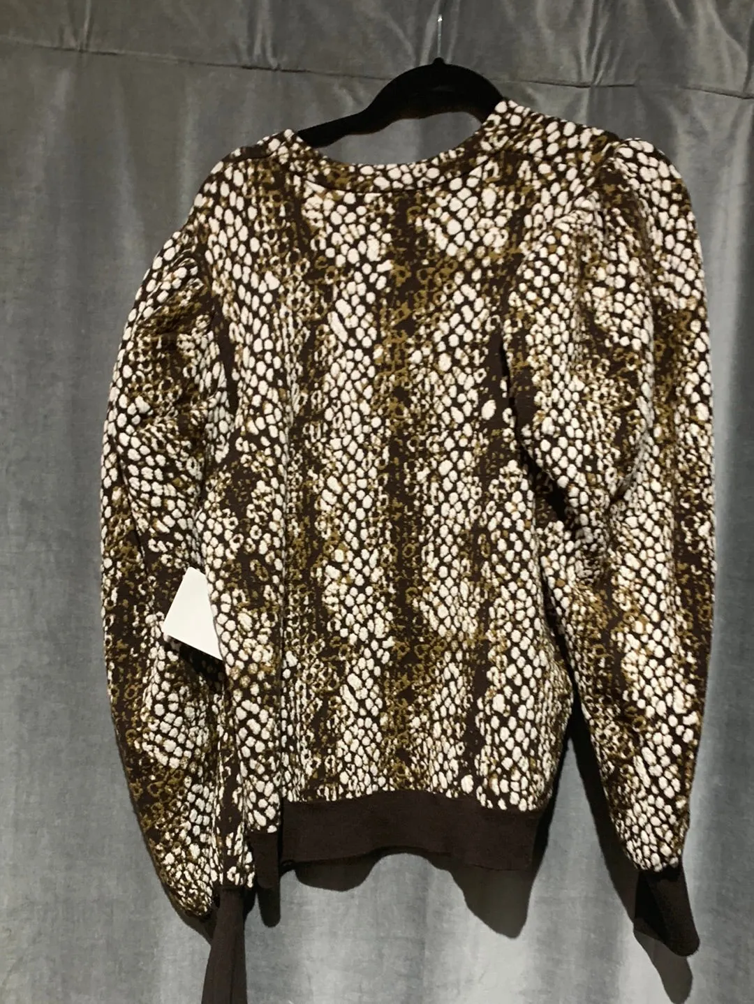 Ulla Johnson Stretch Knit Browns and Ivory Snakeprint Sweater with Oversized Shoulder