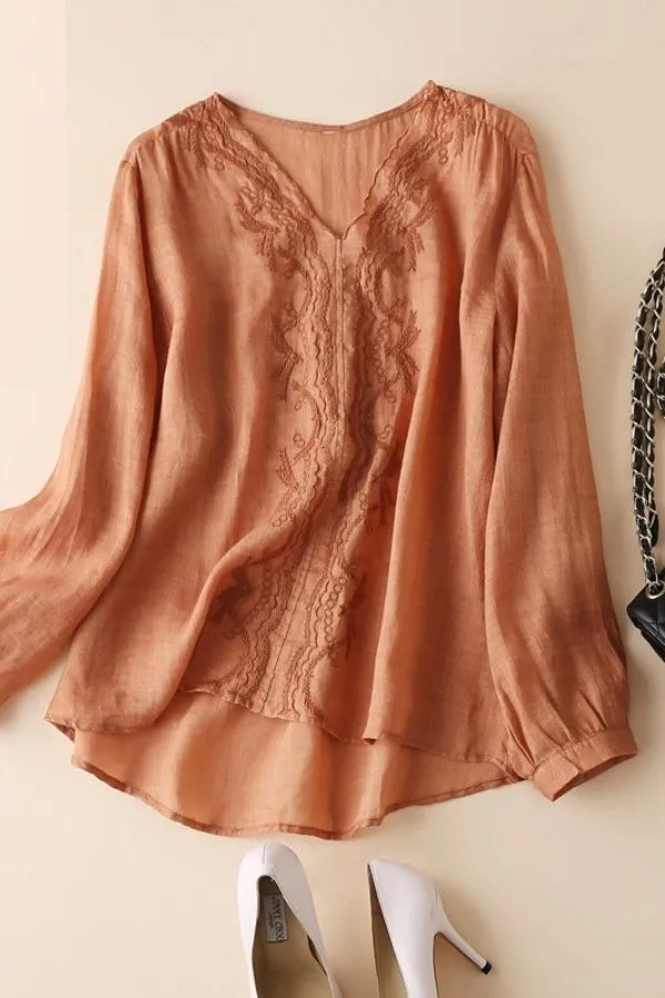 V Neck Puff Sleeve Cotton Blouse (Fit up to 220lbs)