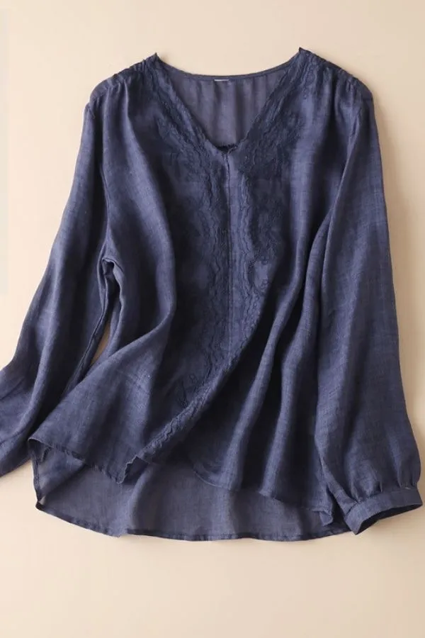 V Neck Puff Sleeve Cotton Blouse (Fit up to 220lbs)