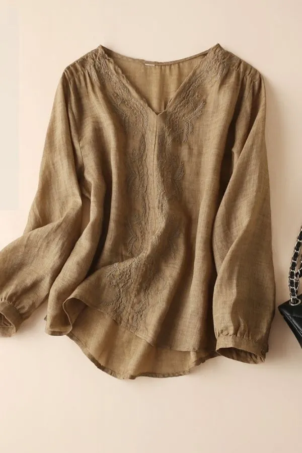 V Neck Puff Sleeve Cotton Blouse (Fit up to 220lbs)