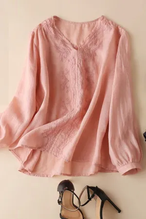 V Neck Puff Sleeve Cotton Blouse (Fit up to 220lbs)