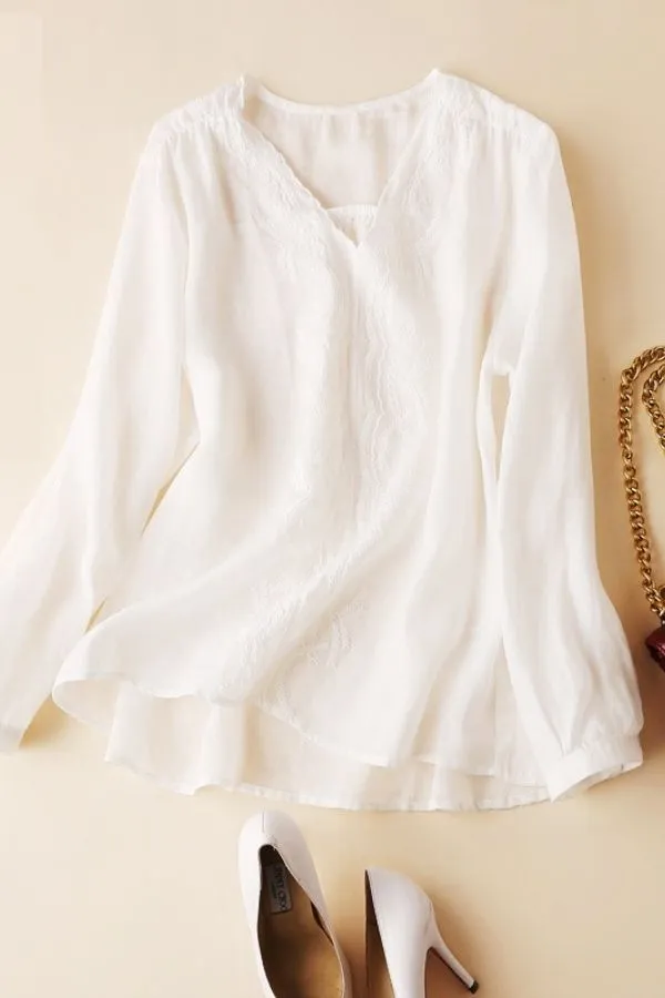 V Neck Puff Sleeve Cotton Blouse (Fit up to 220lbs)
