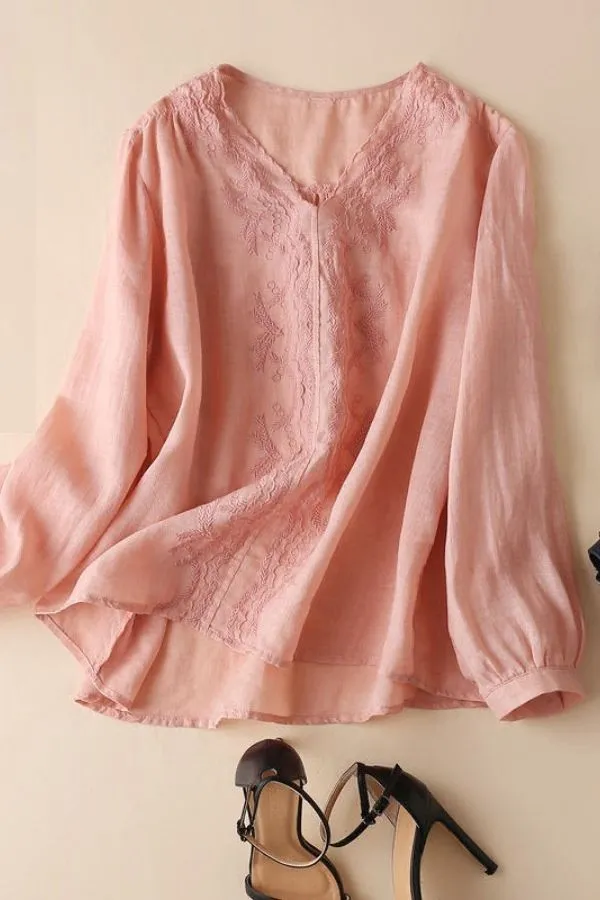 V Neck Puff Sleeve Cotton Blouse (Fit up to 220lbs)