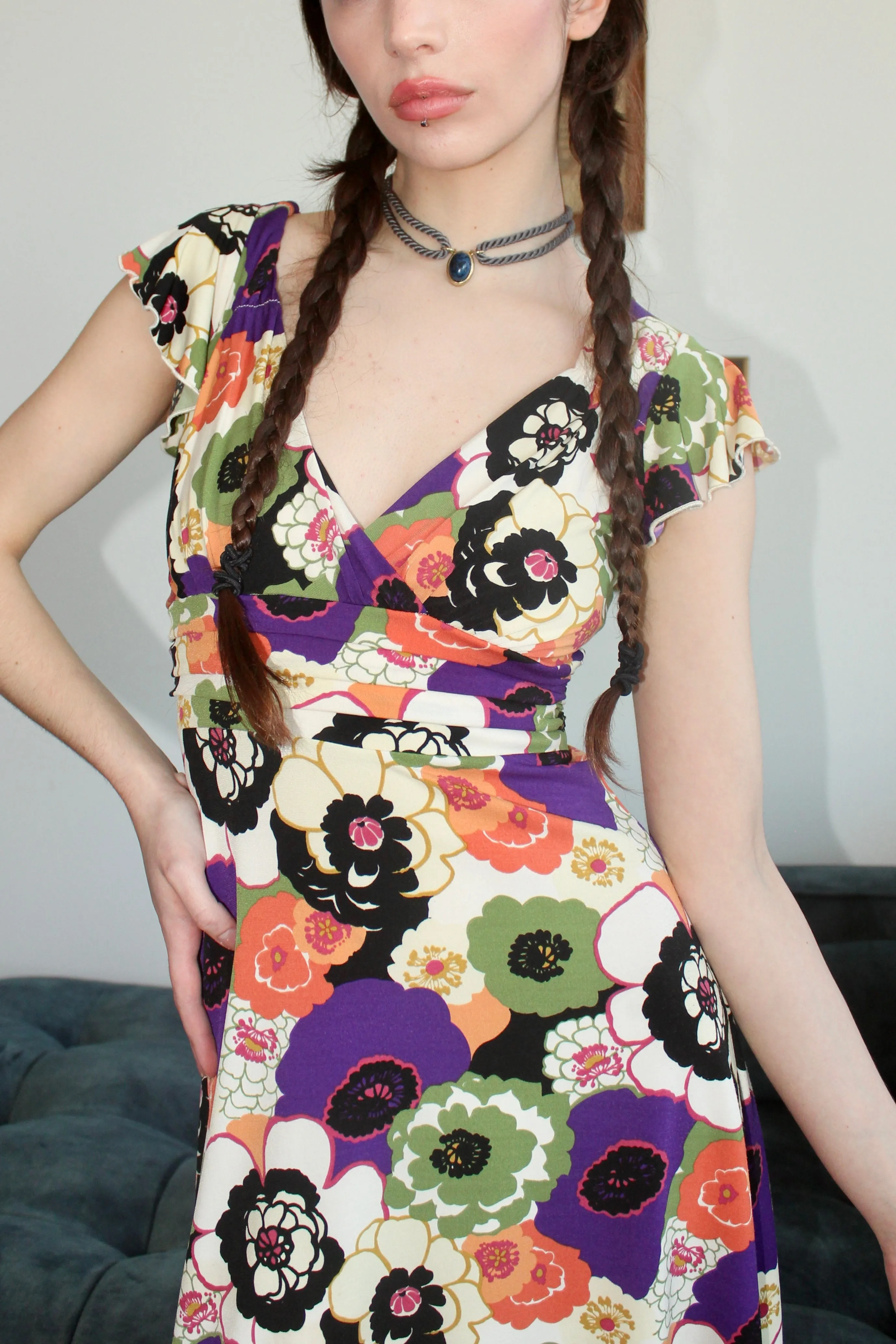 Vintage 90s Flower Power Tie Midi Dress (S)