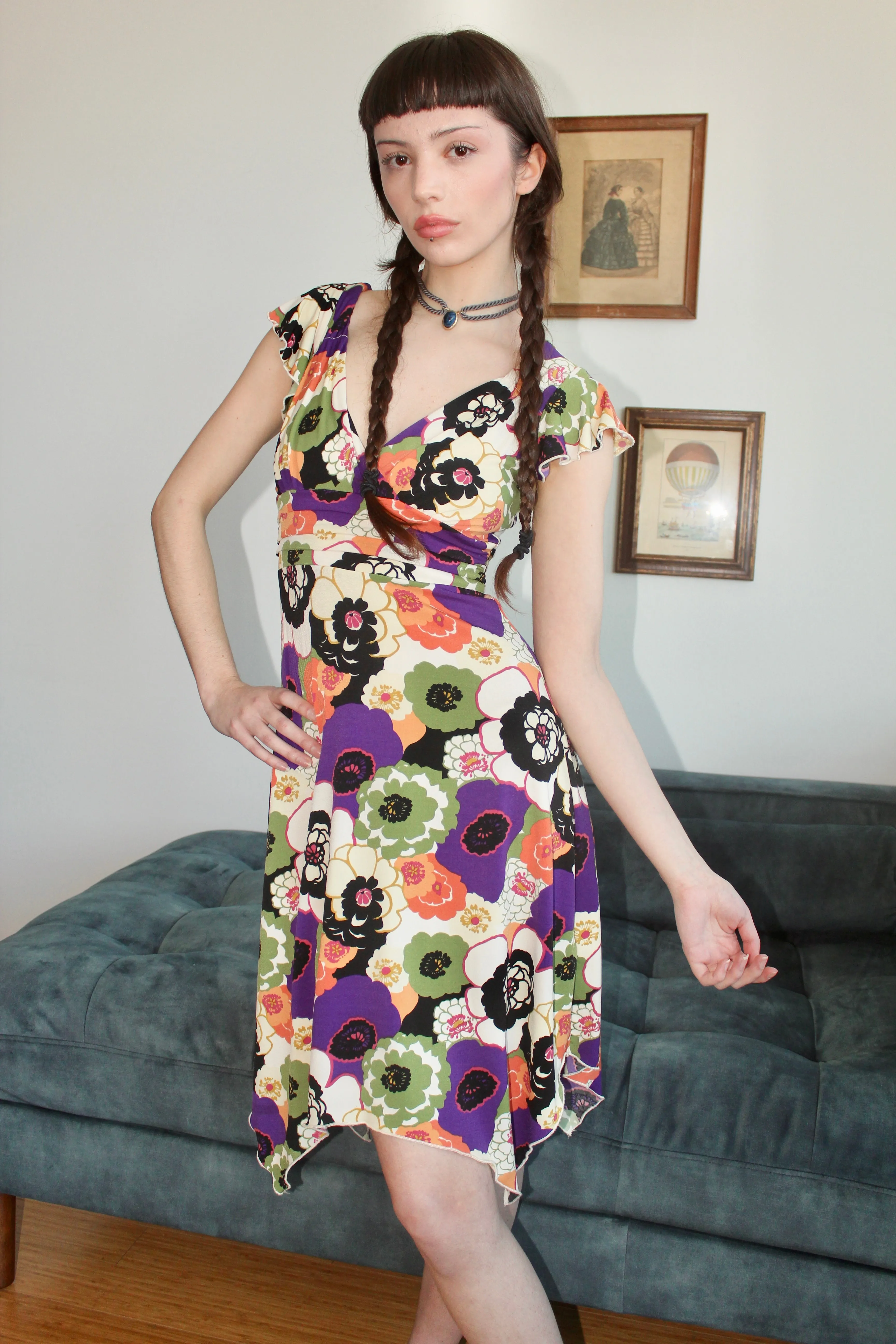 Vintage 90s Flower Power Tie Midi Dress (S)