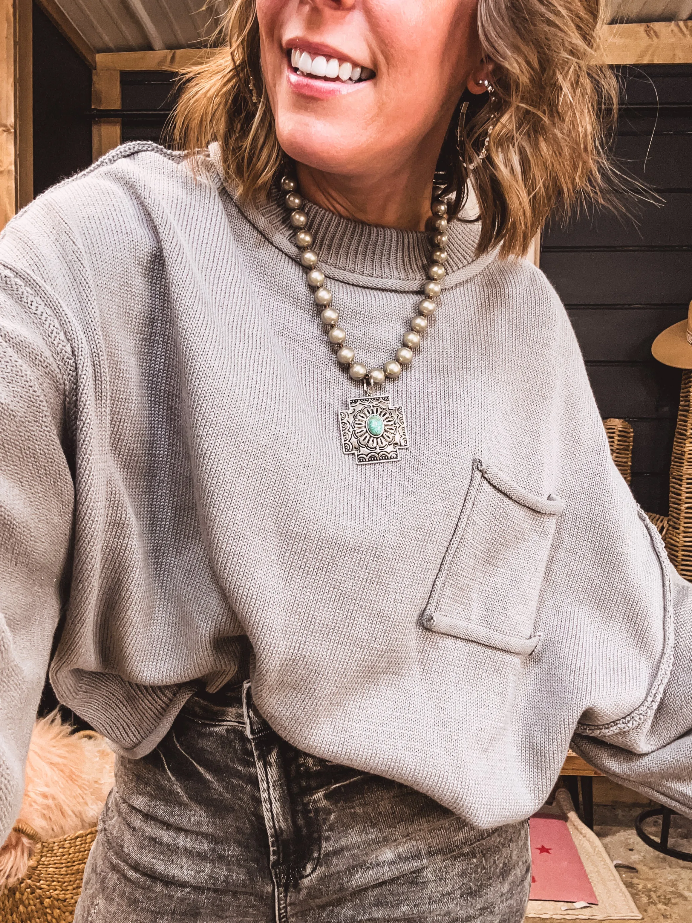 Whisper Grey Woven Sweater Pullover with Front Pocket