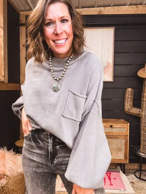 Whisper Grey Woven Sweater Pullover with Front Pocket