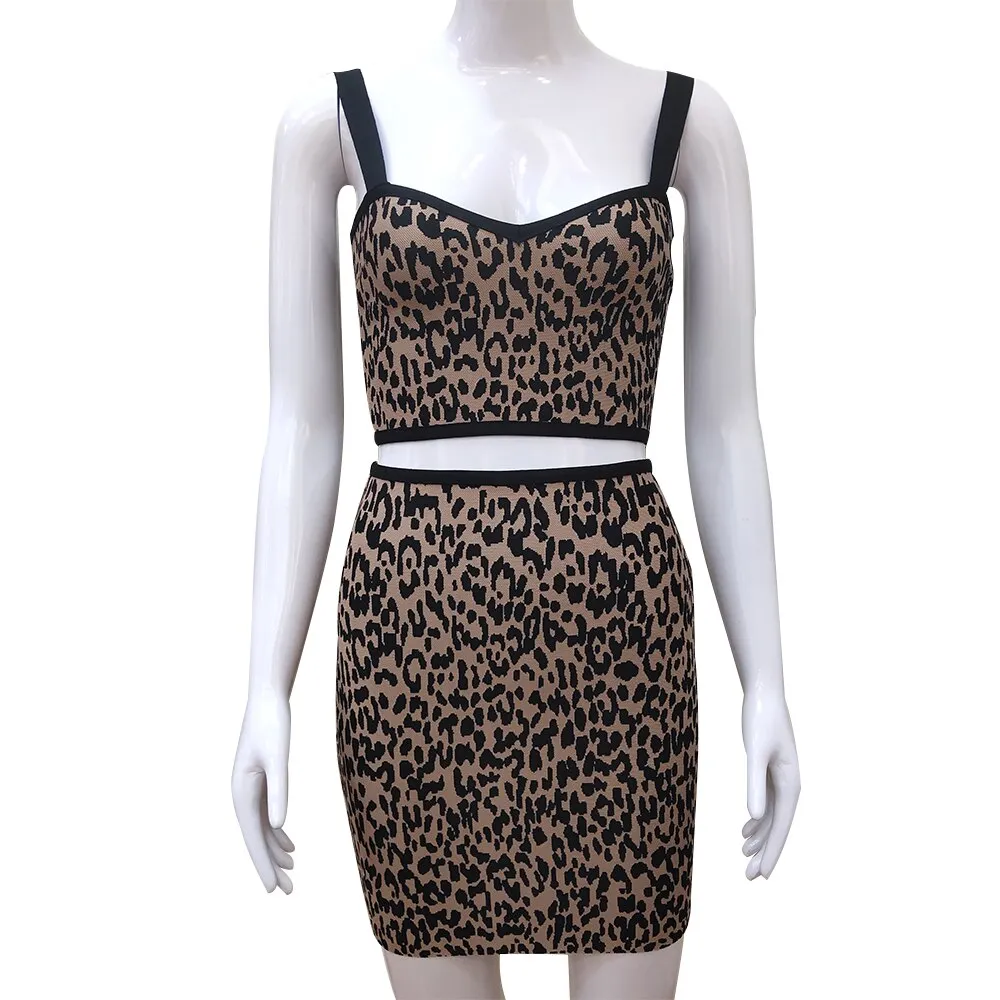 women suit 2pcs bandage dress set sexy mini tank top and skirts Fashion Leopard sexy club night party elegant jacqueard 2pcs set