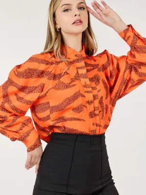 WOMEN'S LONG PUFF SLEEVE BUTTON CLOSURE PRINTED BLOUSE