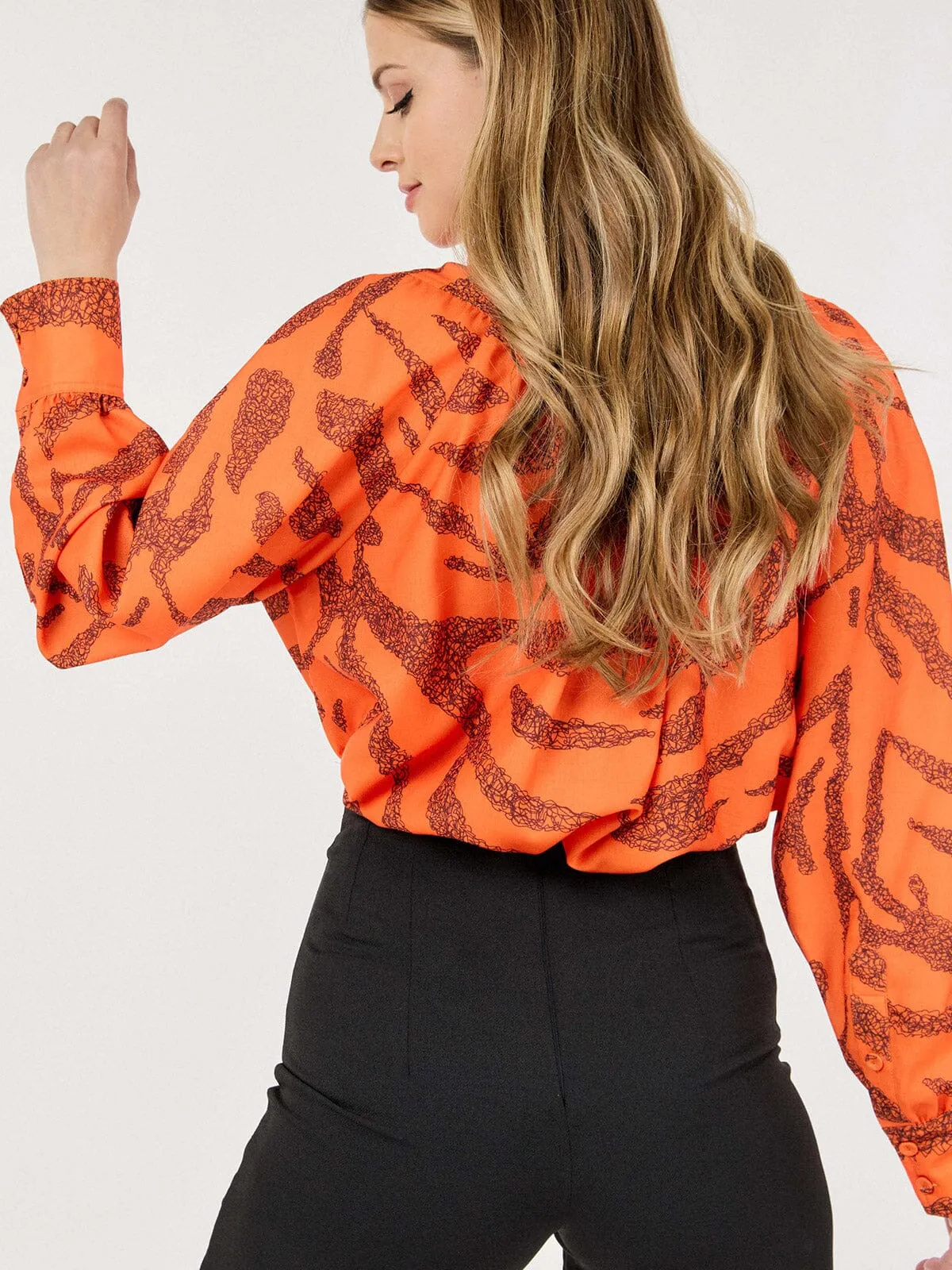 WOMEN'S LONG PUFF SLEEVE BUTTON CLOSURE PRINTED BLOUSE