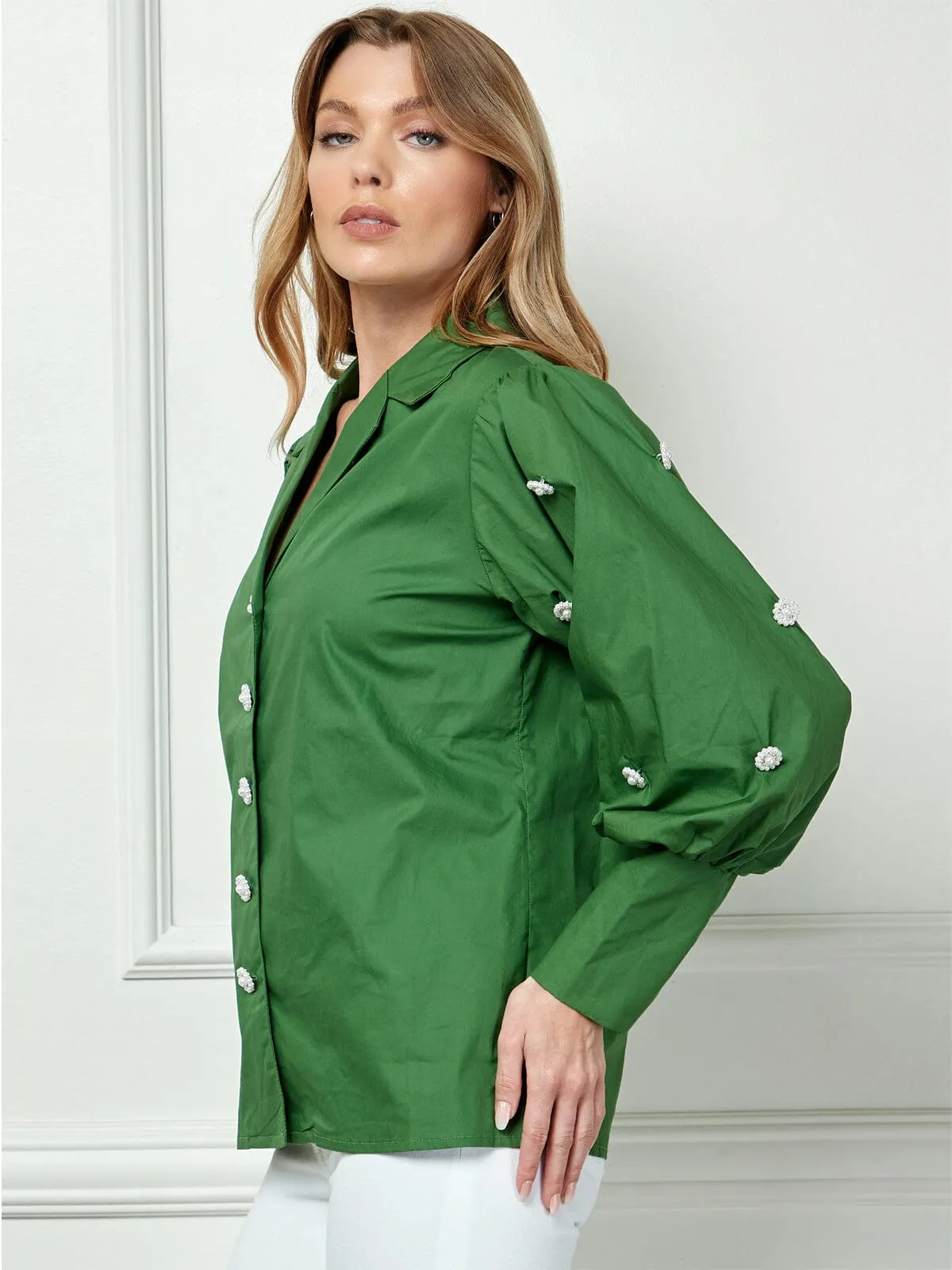 WOMEN'S LONG SLEEVE BUTTON CLOSURE FLOWER DETAILED BLOUSE TOP