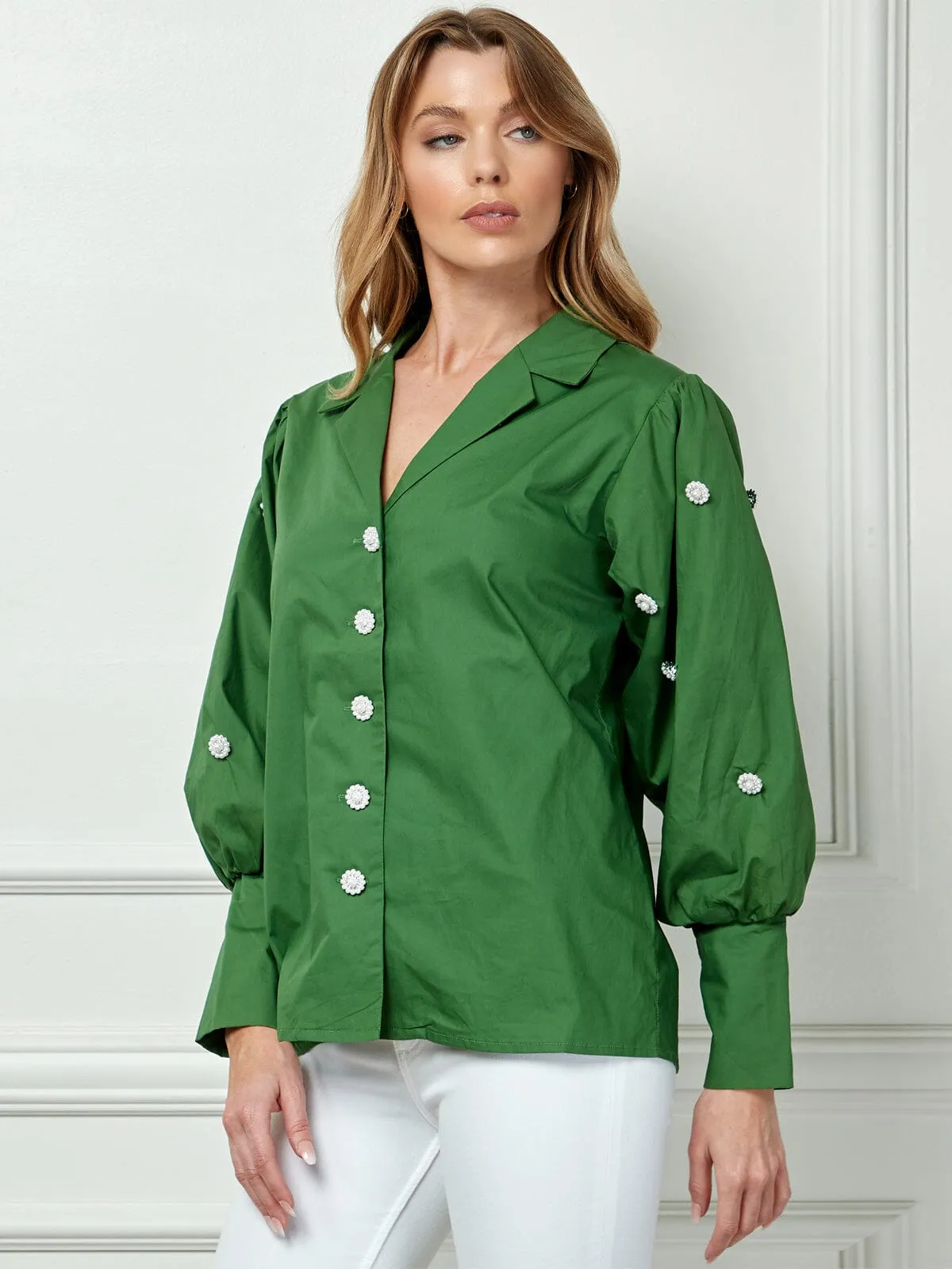 WOMEN'S LONG SLEEVE BUTTON CLOSURE FLOWER DETAILED BLOUSE TOP