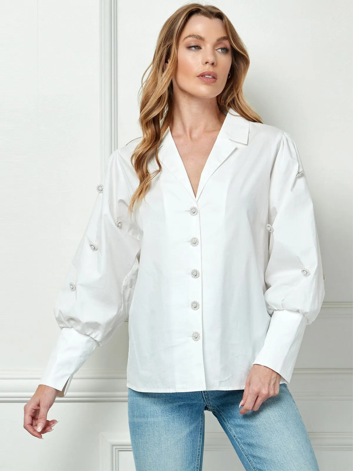 WOMEN'S LONG SLEEVE BUTTON CLOSURE FLOWER DETAILED BLOUSE TOP