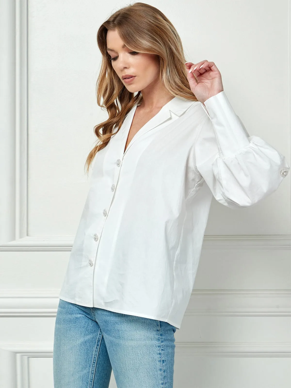 WOMEN'S LONG SLEEVE BUTTON CLOSURE FLOWER DETAILED BLOUSE TOP