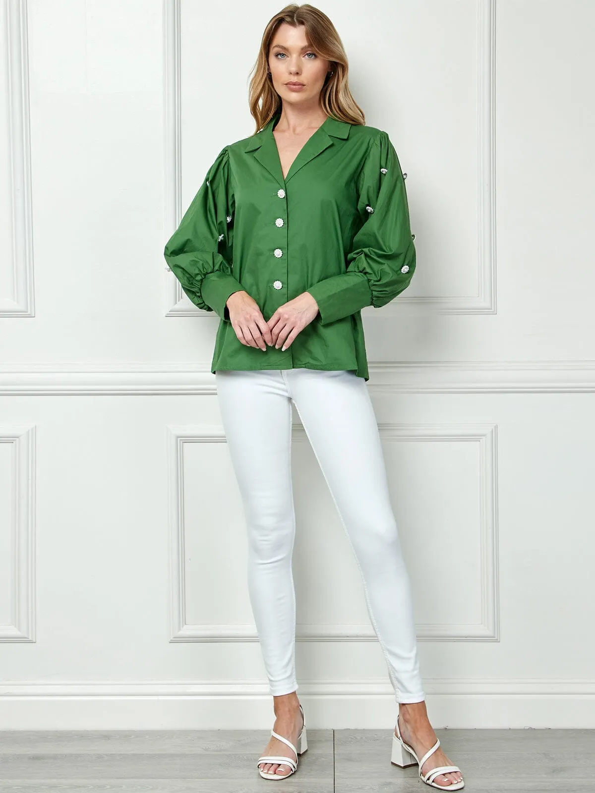 WOMEN'S LONG SLEEVE BUTTON CLOSURE FLOWER DETAILED BLOUSE TOP