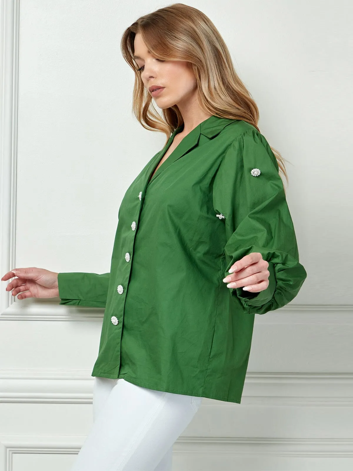 WOMEN'S LONG SLEEVE BUTTON CLOSURE FLOWER DETAILED BLOUSE TOP