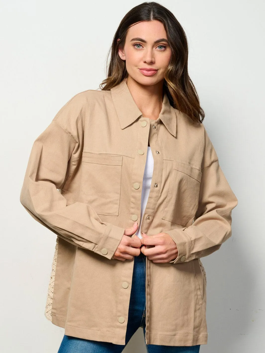 WOMEN'S LONG SLEEVE BUTTON UP BACK DETAILED DENIM OVERSIZED TOP