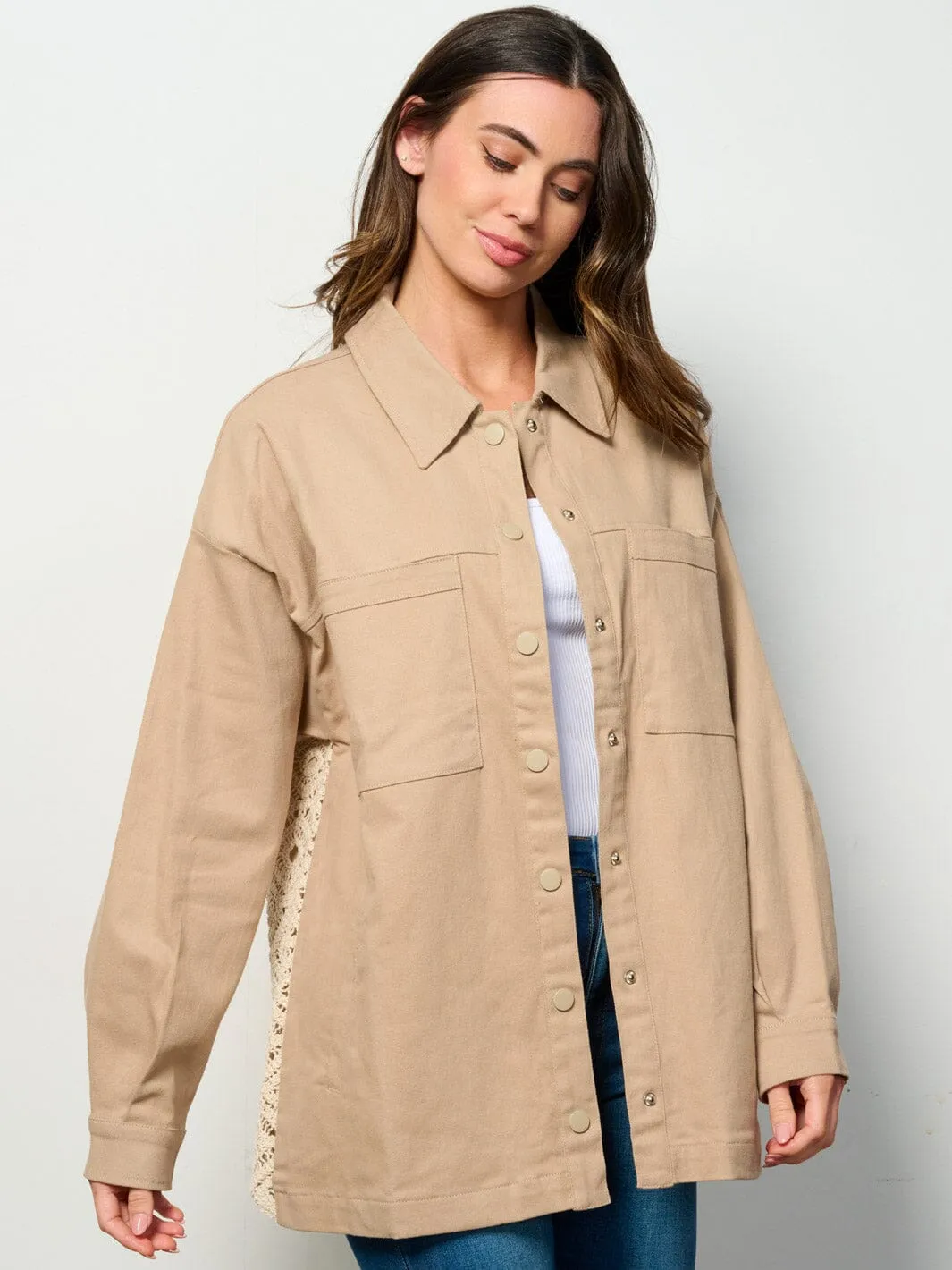 WOMEN'S LONG SLEEVE BUTTON UP BACK DETAILED DENIM OVERSIZED TOP