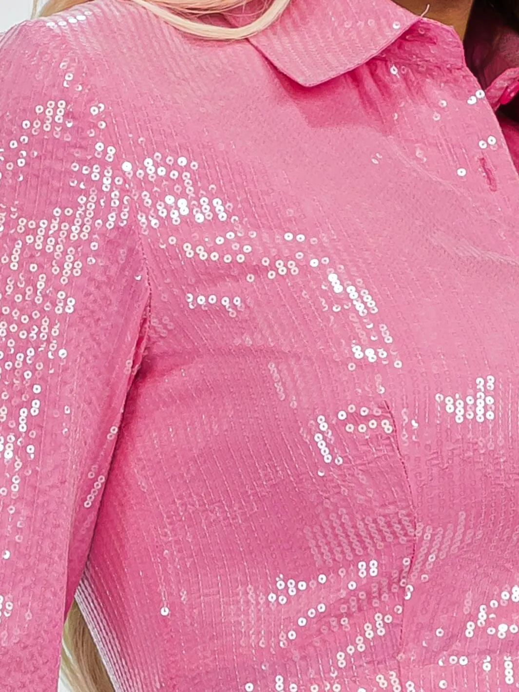 WOMEN'S LONG SLEEVE BUTTON UP CROP SEQUINS BLOUSE TOP