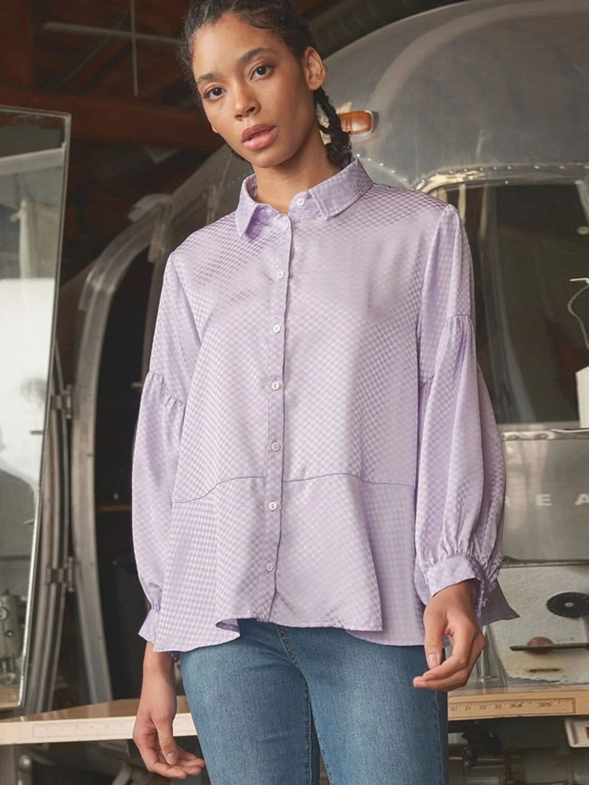 WOMEN'S LONG SLEEVE BUTTON UP DETAILED TIERED BLOUSE TOP