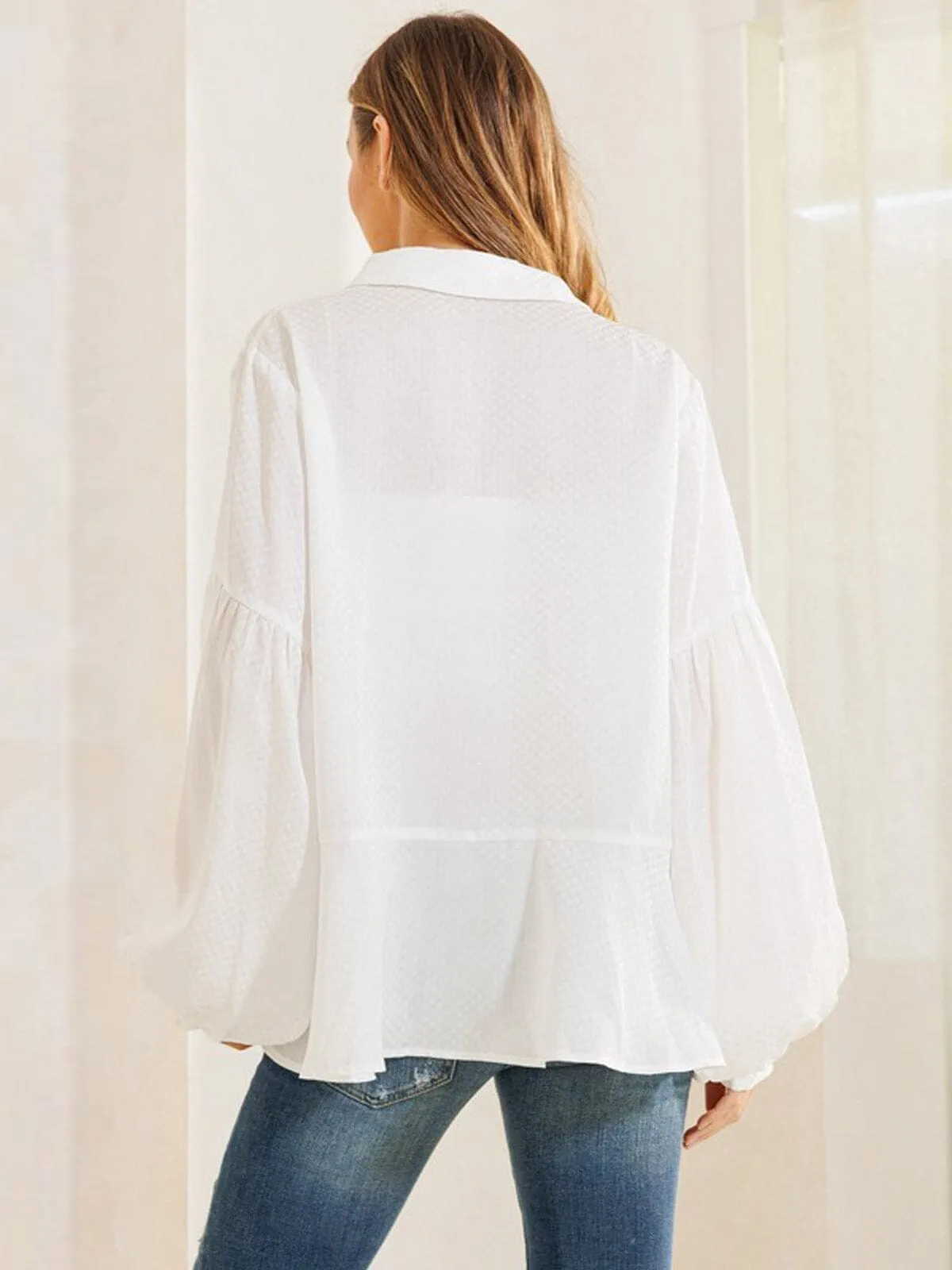 WOMEN'S LONG SLEEVE BUTTON UP DETAILED TIERED BLOUSE TOP