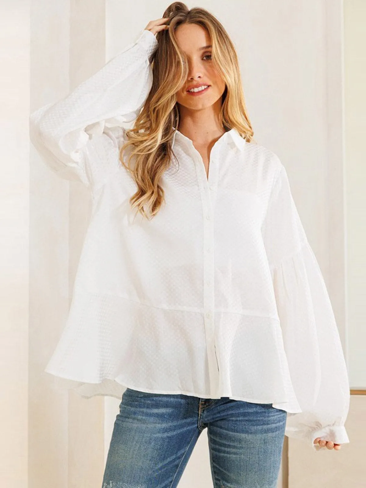 WOMEN'S LONG SLEEVE BUTTON UP DETAILED TIERED BLOUSE TOP