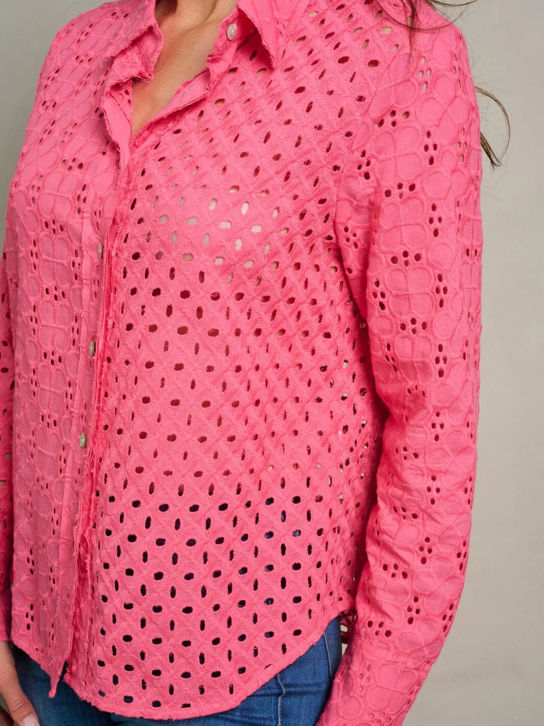 WOMEN'S LONG SLEEVE BUTTON UP EYELET BLOUSE TOP