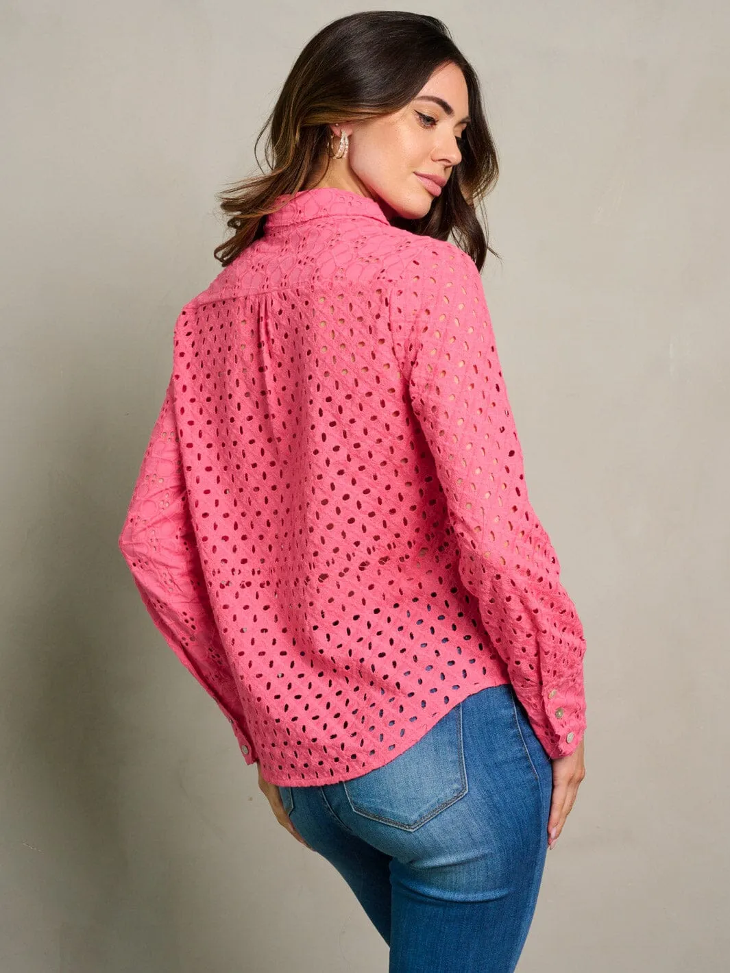 WOMEN'S LONG SLEEVE BUTTON UP EYELET BLOUSE TOP