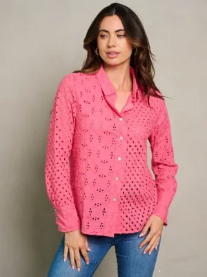 WOMEN'S LONG SLEEVE BUTTON UP EYELET BLOUSE TOP