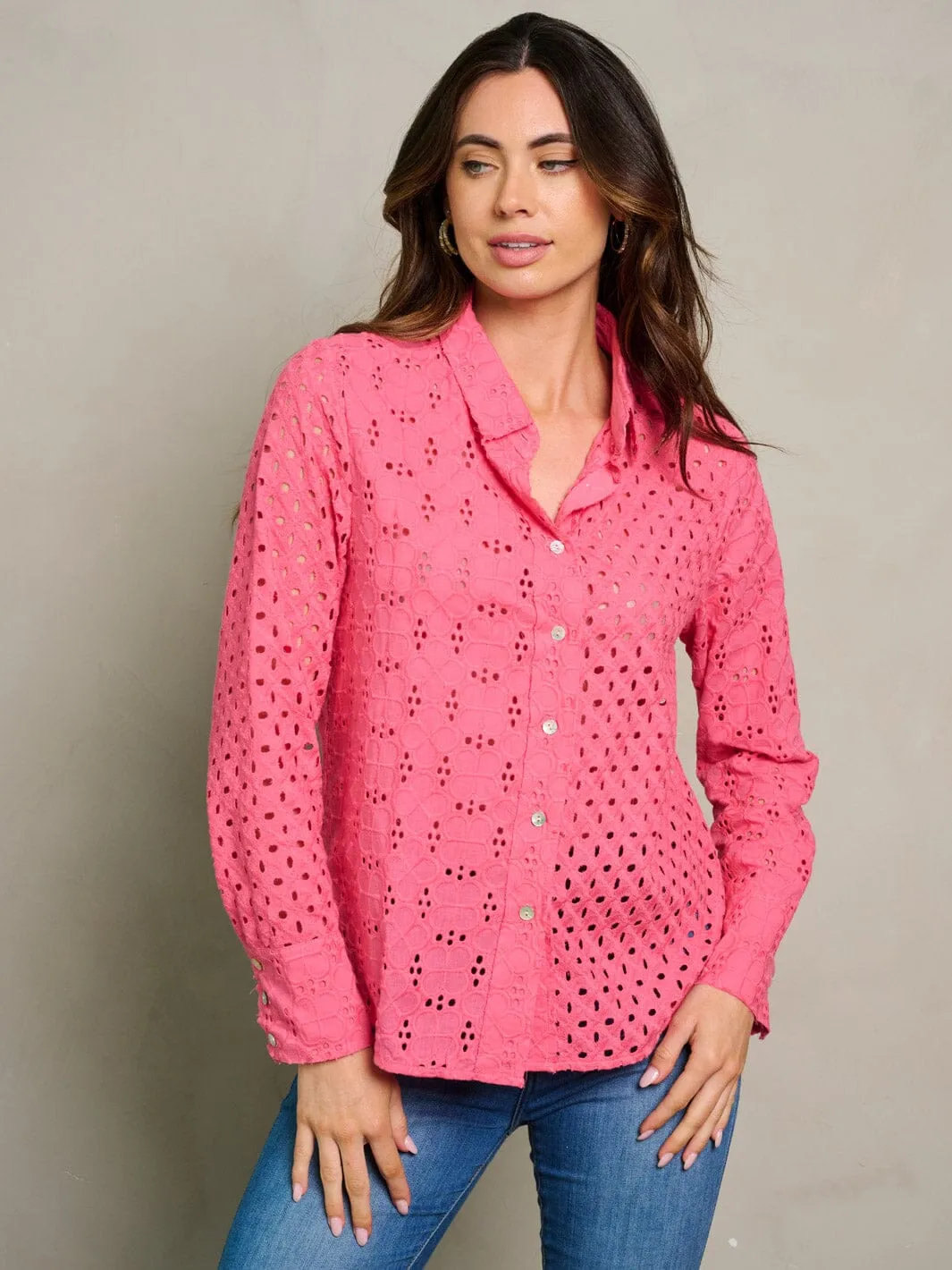 WOMEN'S LONG SLEEVE BUTTON UP EYELET BLOUSE TOP