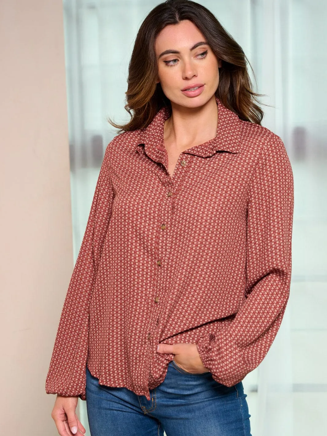WOMEN'S LONG SLEEVE BUTTON UP FLOWER PRINT BLOUSE TOP