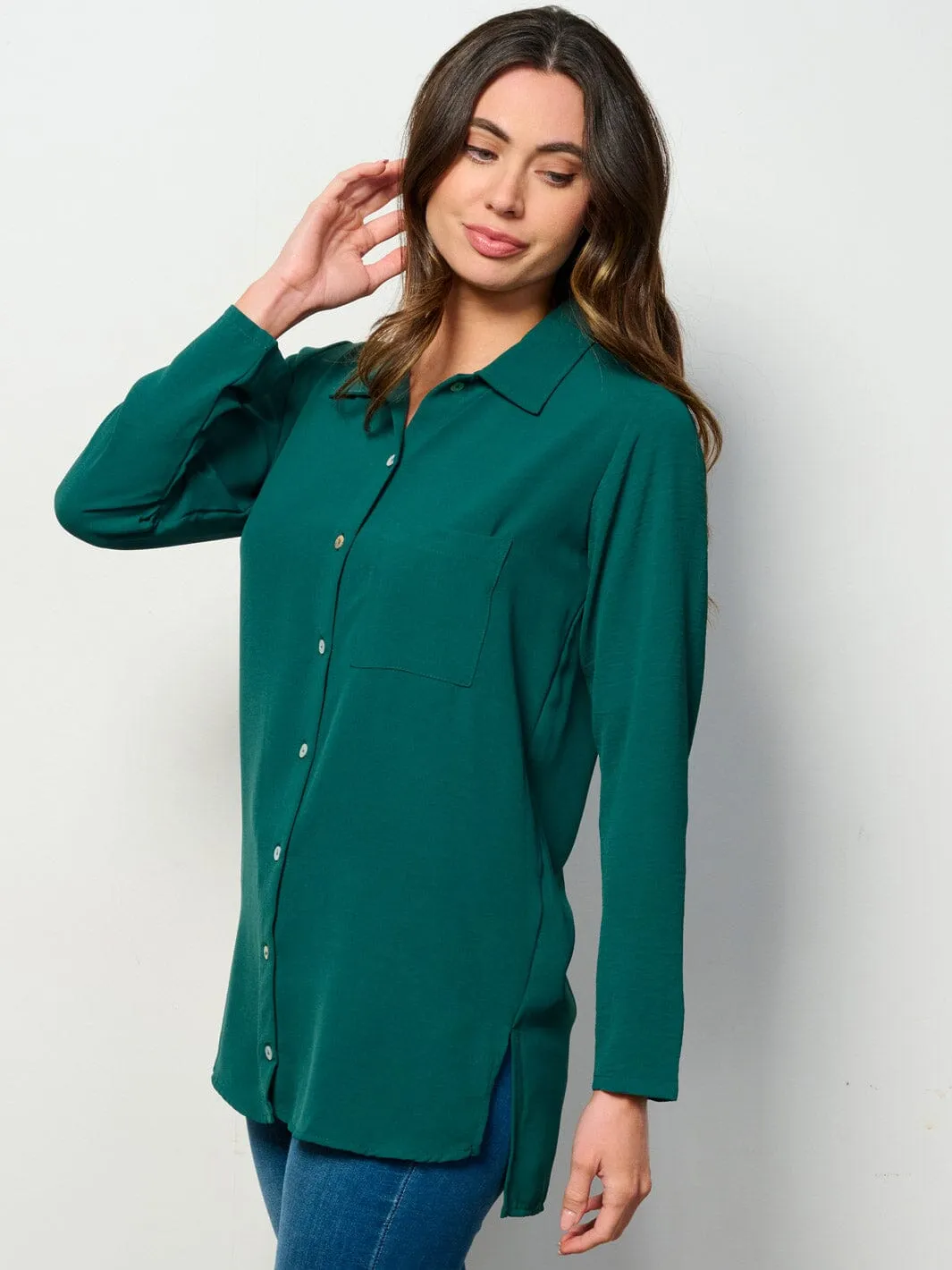 WOMEN'S LONG SLEEVE BUTTON UP FRONT POCKET BLOUSE TOP