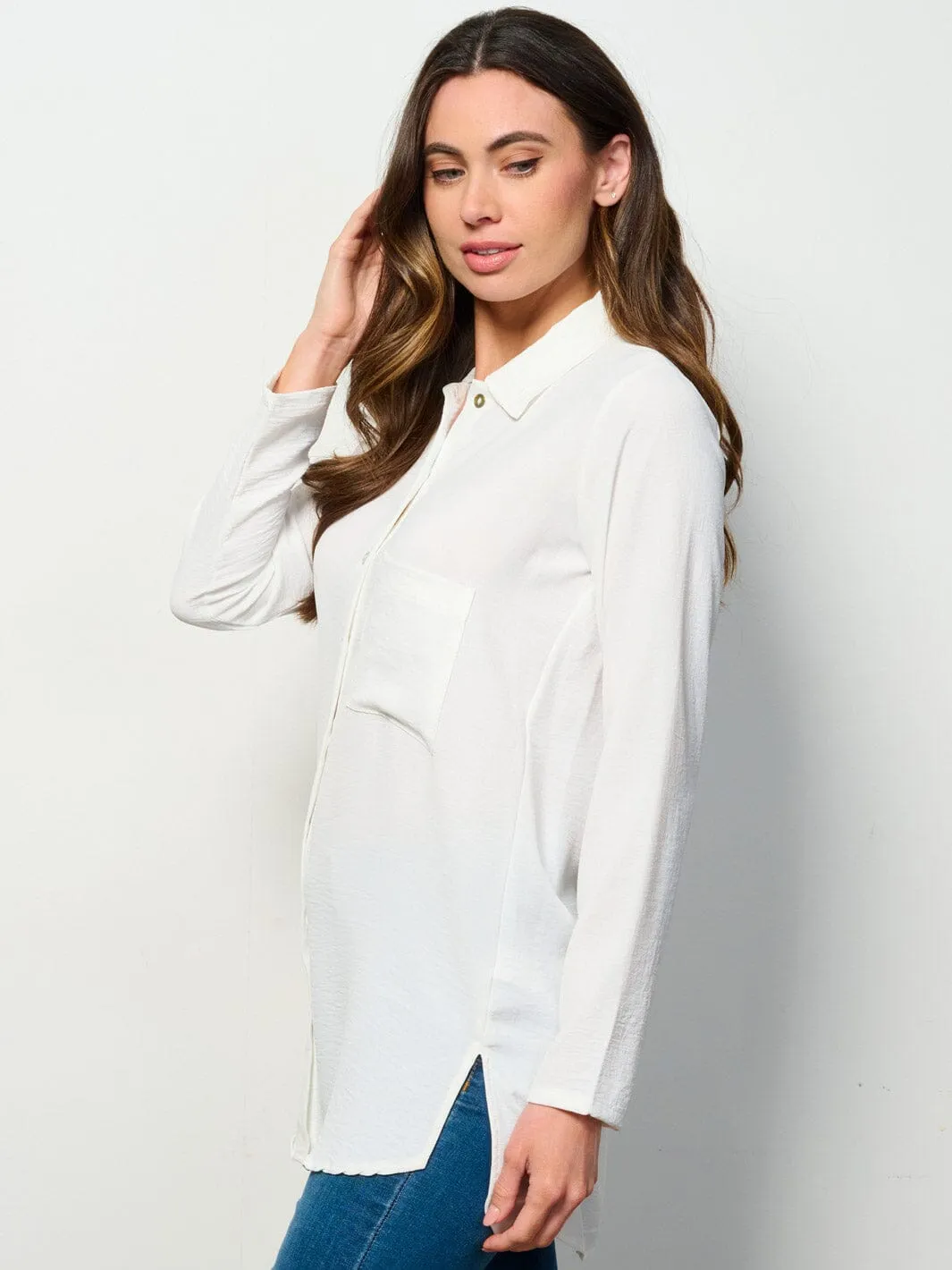 WOMEN'S LONG SLEEVE BUTTON UP FRONT POCKET BLOUSE TOP
