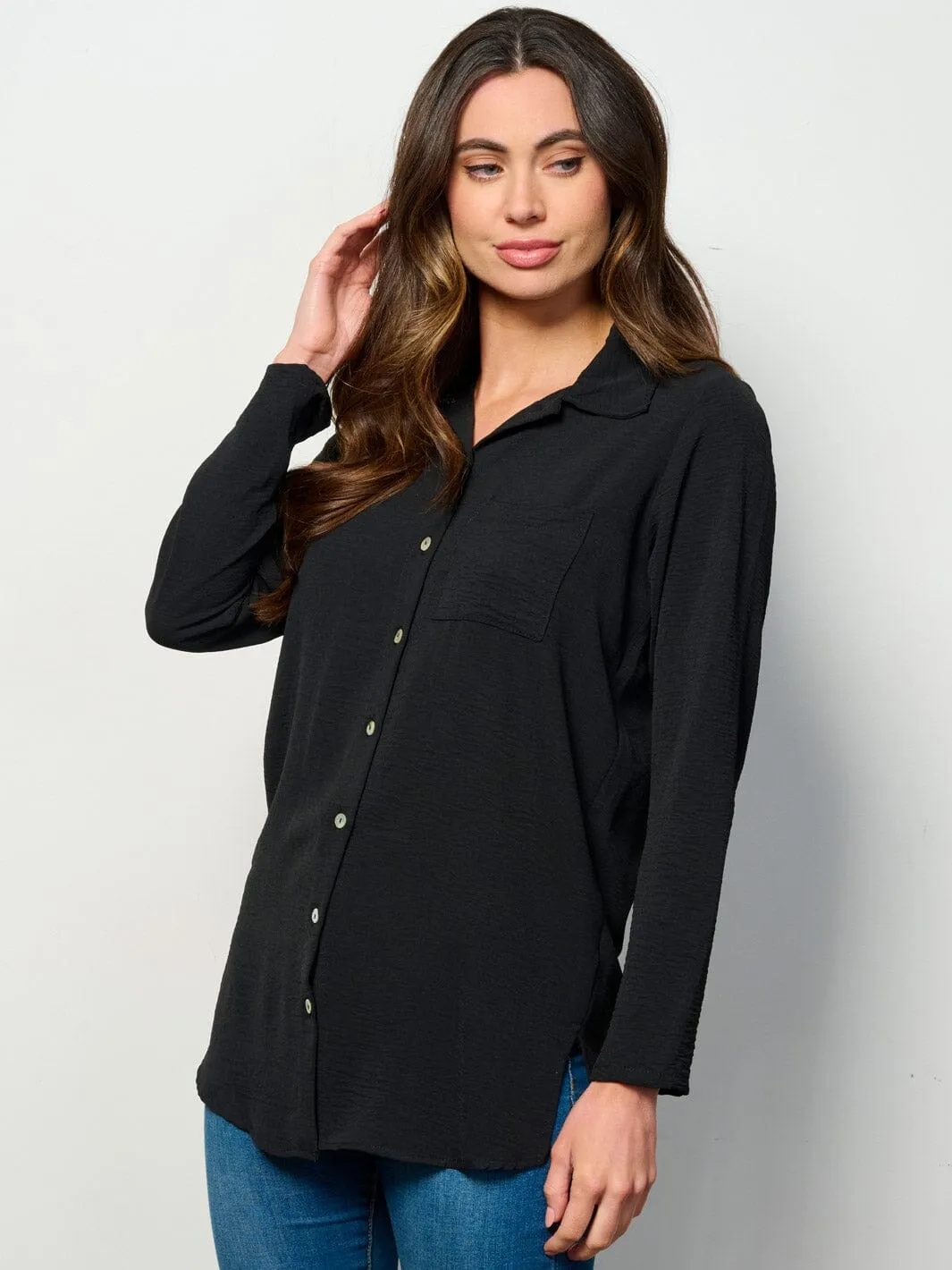 WOMEN'S LONG SLEEVE BUTTON UP FRONT POCKET BLOUSE TOP