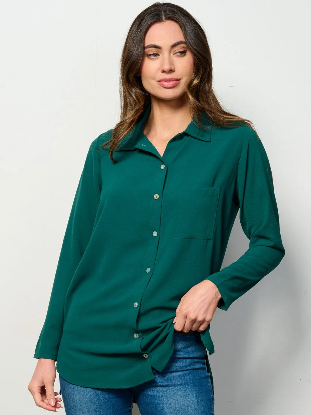 WOMEN'S LONG SLEEVE BUTTON UP FRONT POCKET BLOUSE TOP