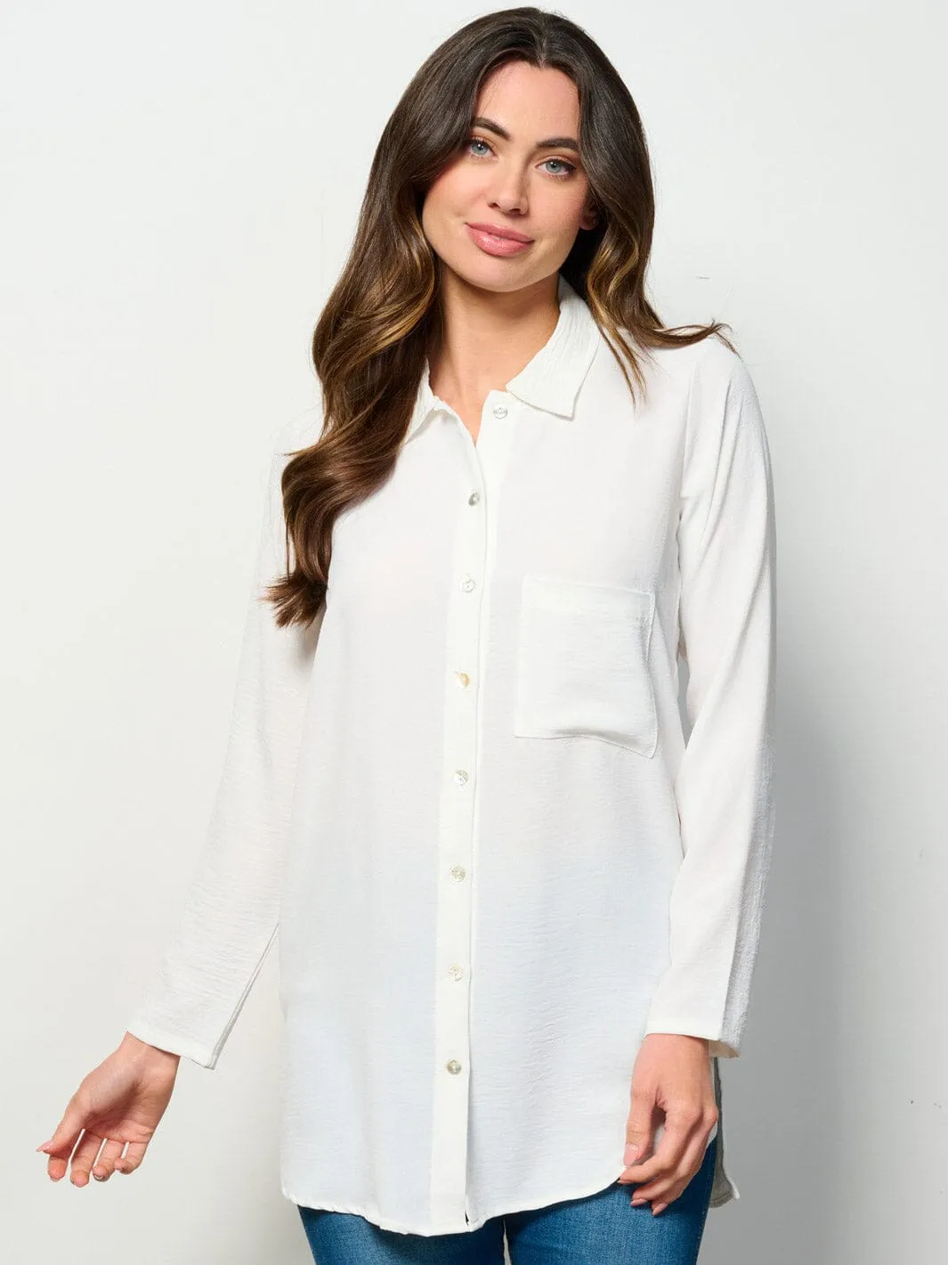 WOMEN'S LONG SLEEVE BUTTON UP FRONT POCKET BLOUSE TOP