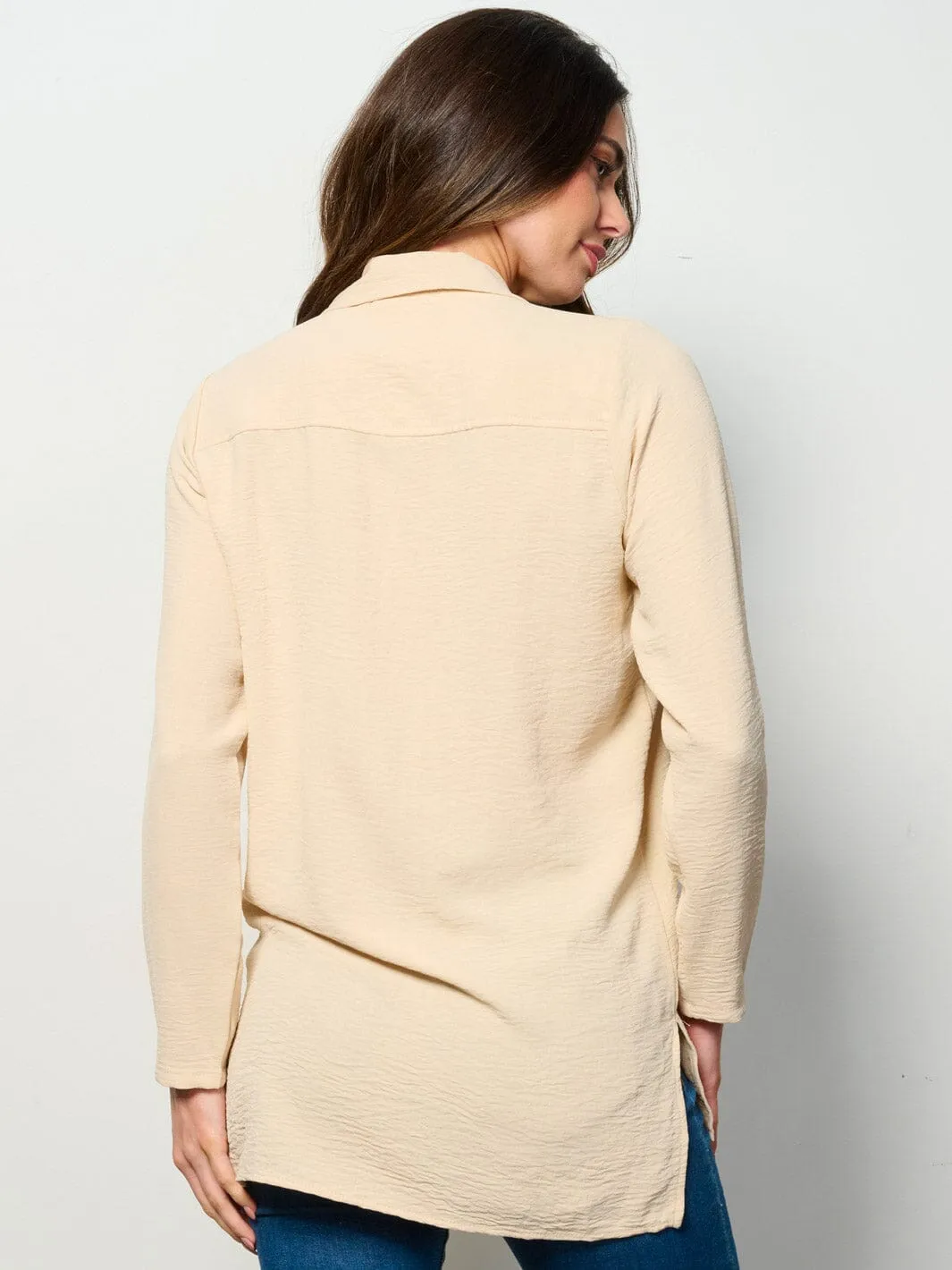 WOMEN'S LONG SLEEVE BUTTON UP FRONT POCKET BLOUSE TOP