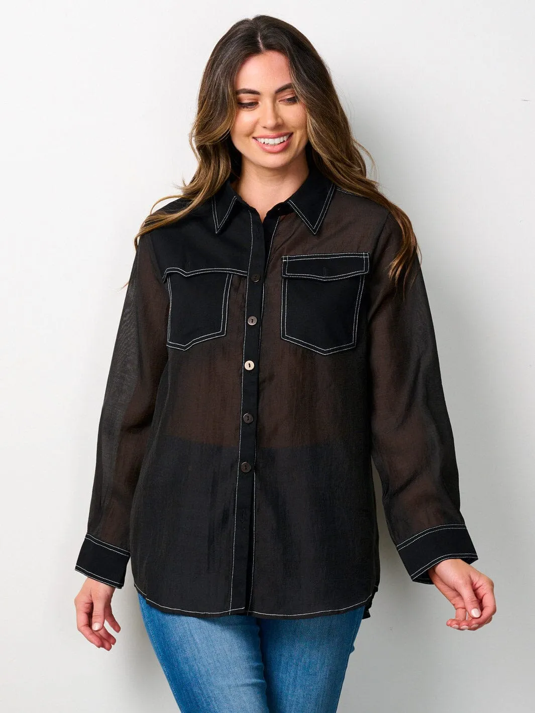 WOMEN'S LONG SLEEVE BUTTON UP FRONT POCKETS BLOUSE TOP