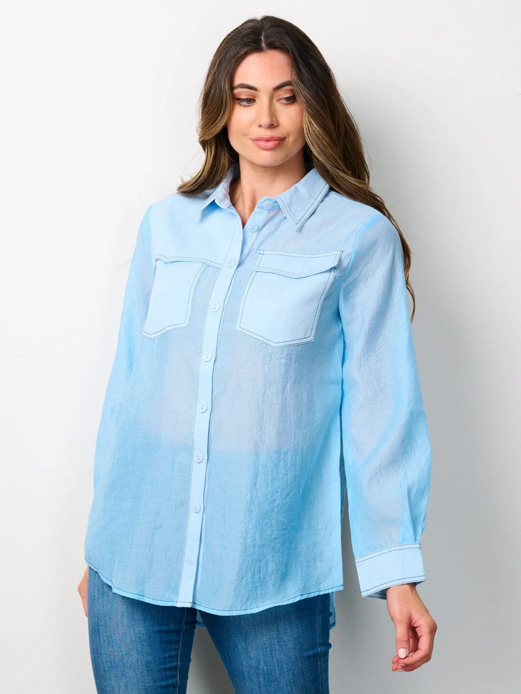 WOMEN'S LONG SLEEVE BUTTON UP FRONT POCKETS BLOUSE TOP