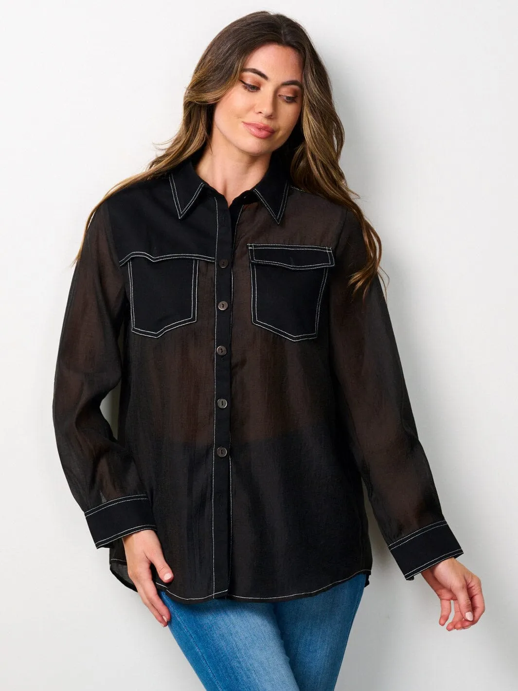 WOMEN'S LONG SLEEVE BUTTON UP FRONT POCKETS BLOUSE TOP